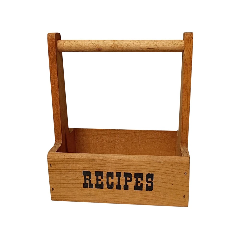 Small Vtg Wood Recipe Card Box Carrying‎ Caddy Handle Rustic Primitive Farmhouse
